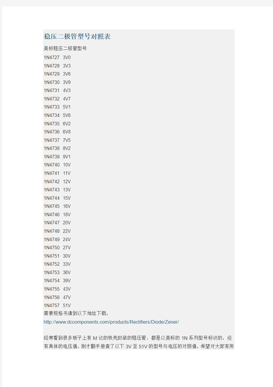 稳压二极管型号对照表