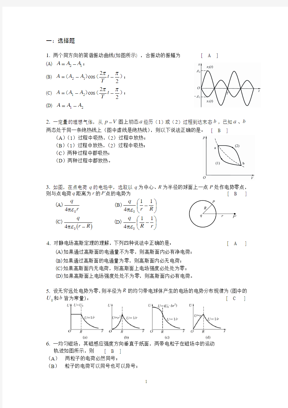 2014-2015大学物理期末测试B卷