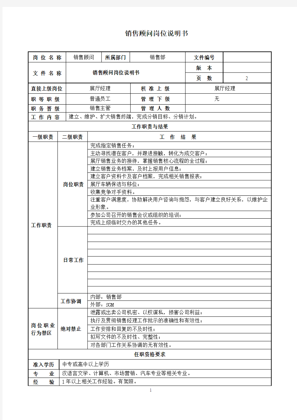 销售顾问岗位职责说明书