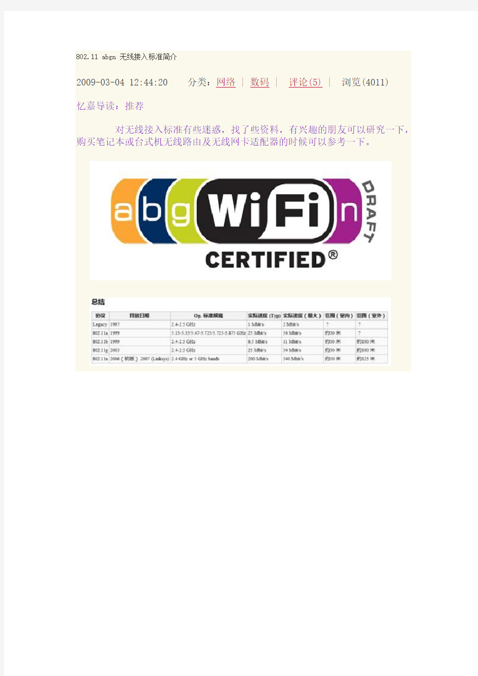 WIFI802.11a、b、g、n总结介绍