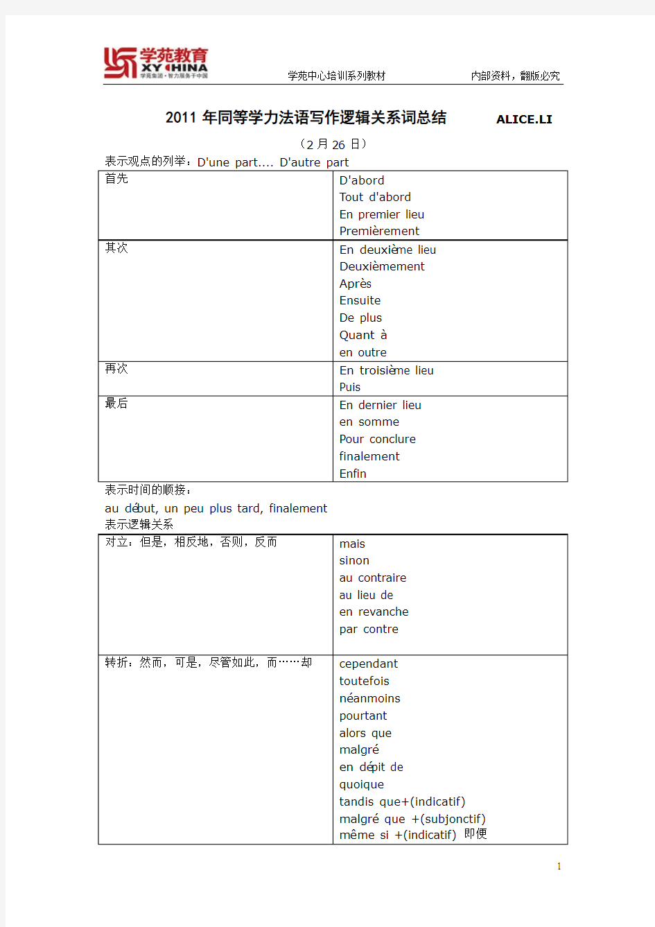 法语几种逻辑关系