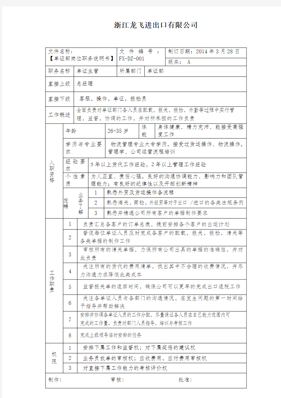 单证部的岗位职责