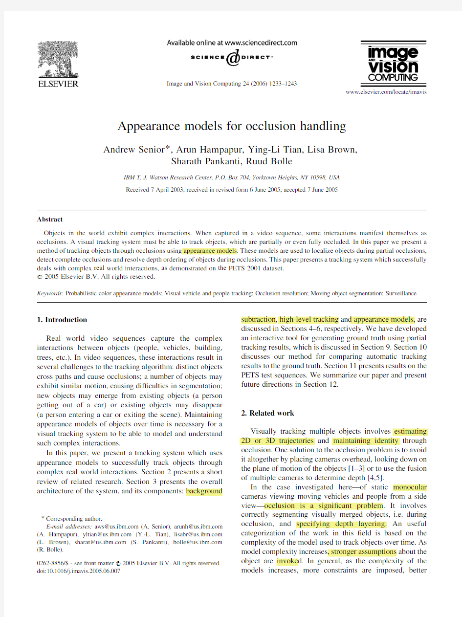 appearance models for occlusion handling