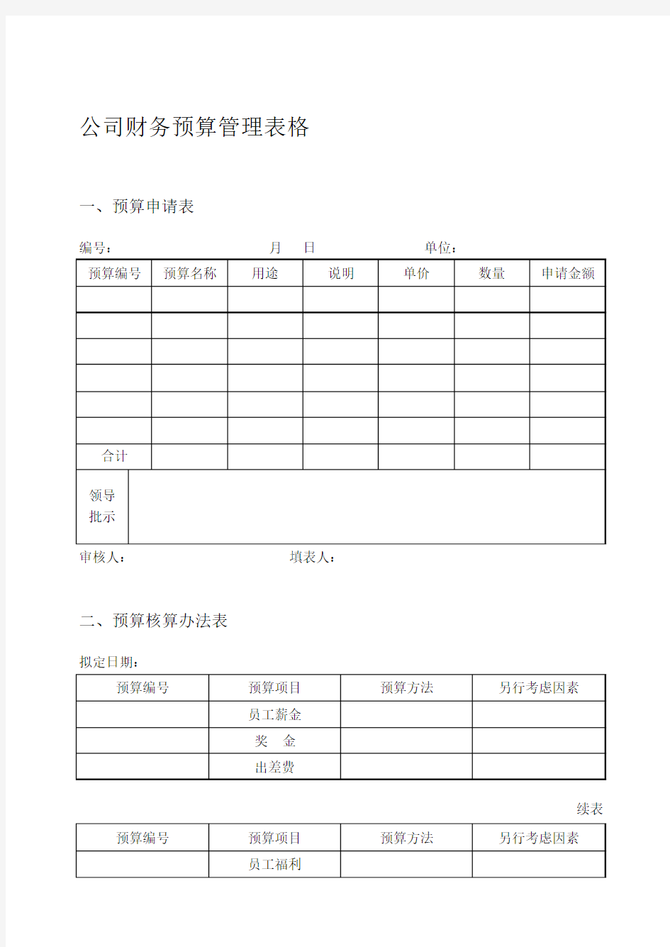 新公司财务预算管理表格