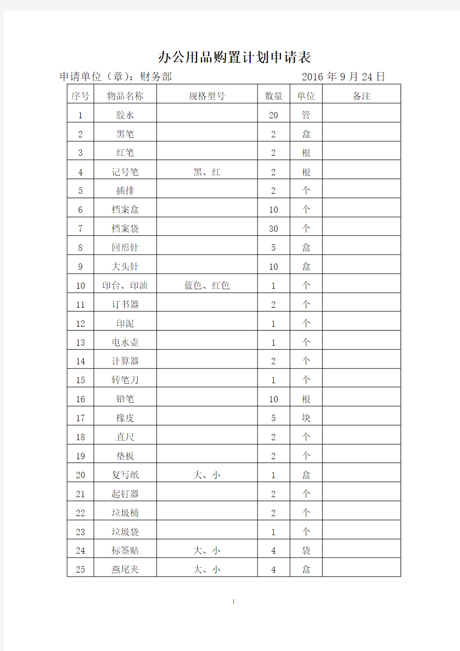 办公用品购置计划申请表