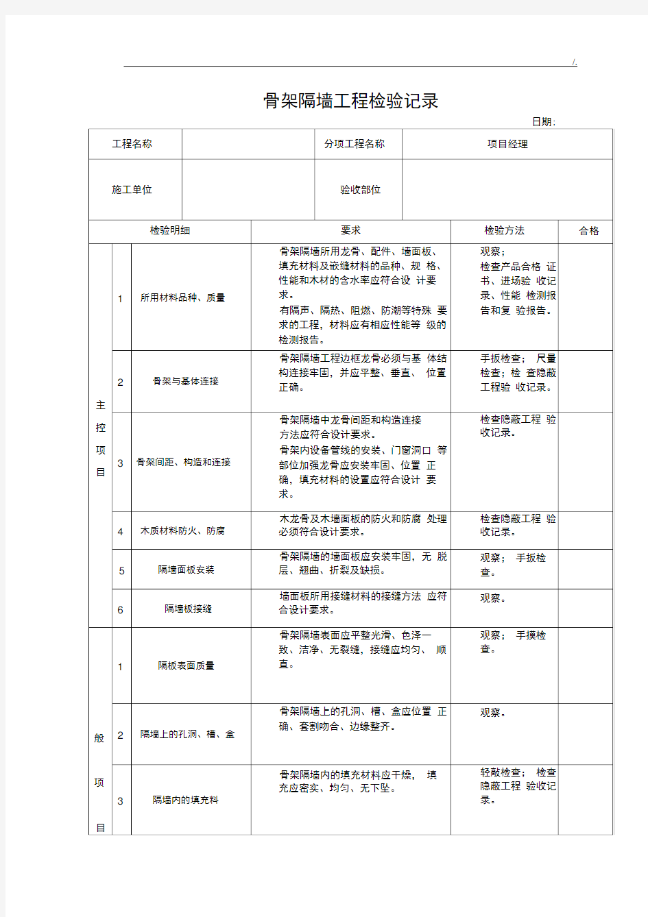 室内装修质量验收表