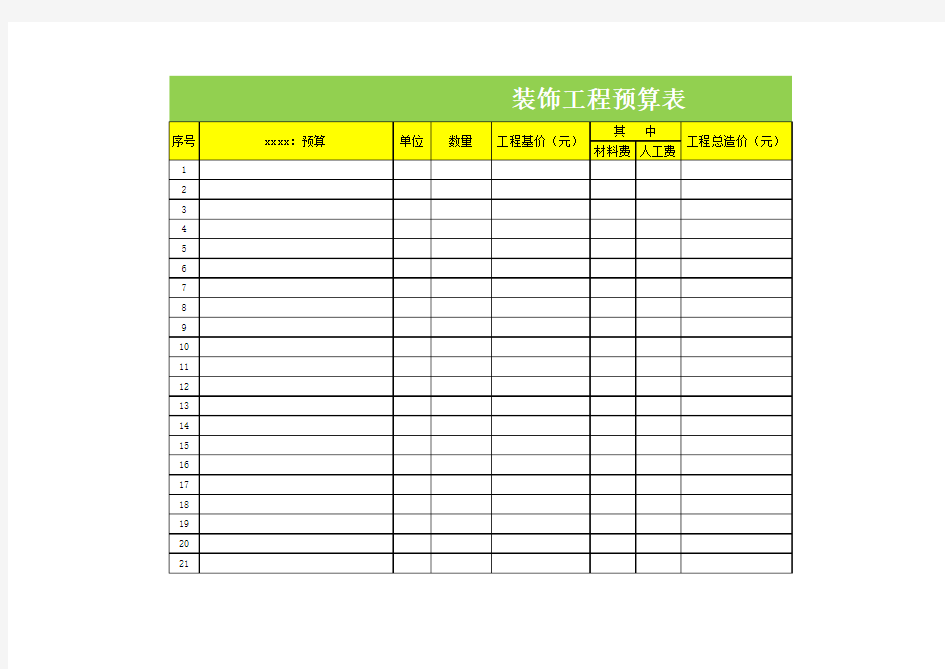 装饰工程预算表【excel表格模板】