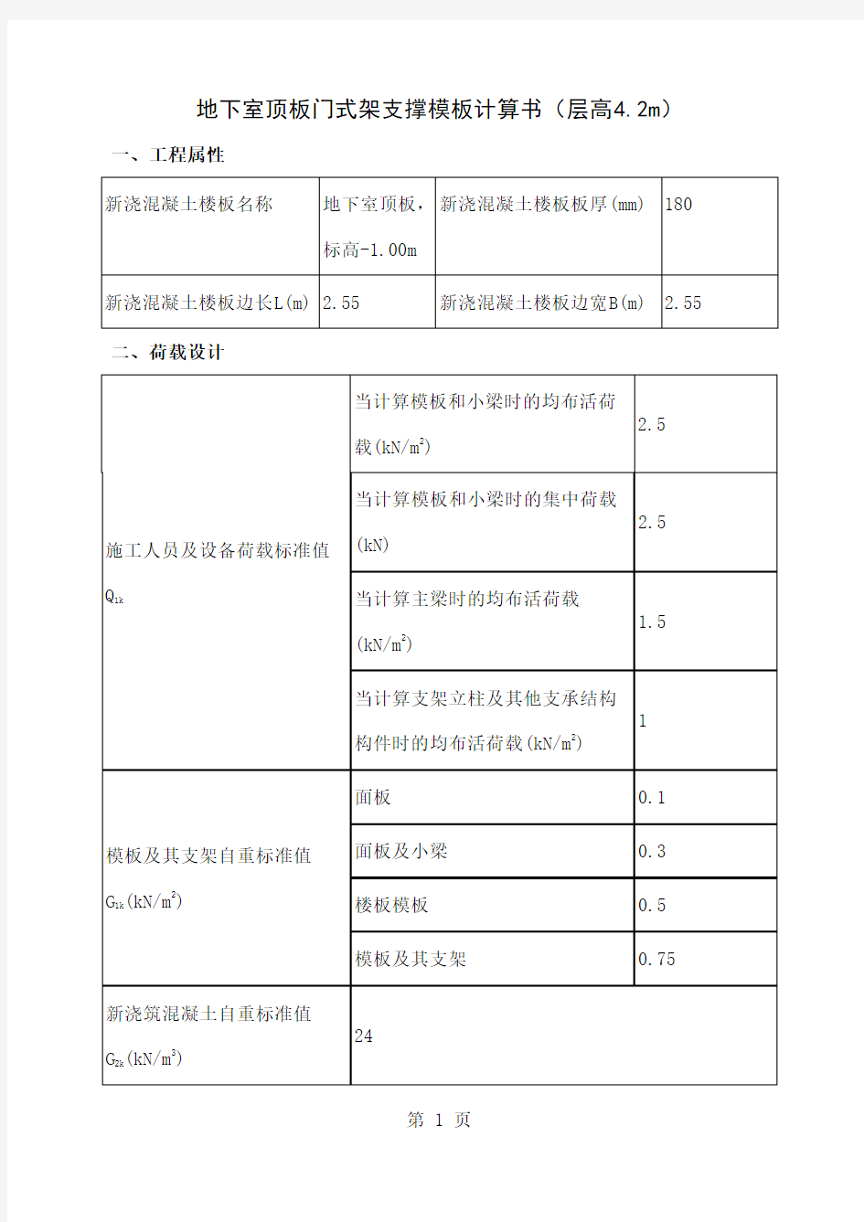 地下室顶板门式架支撑模板计算书10页