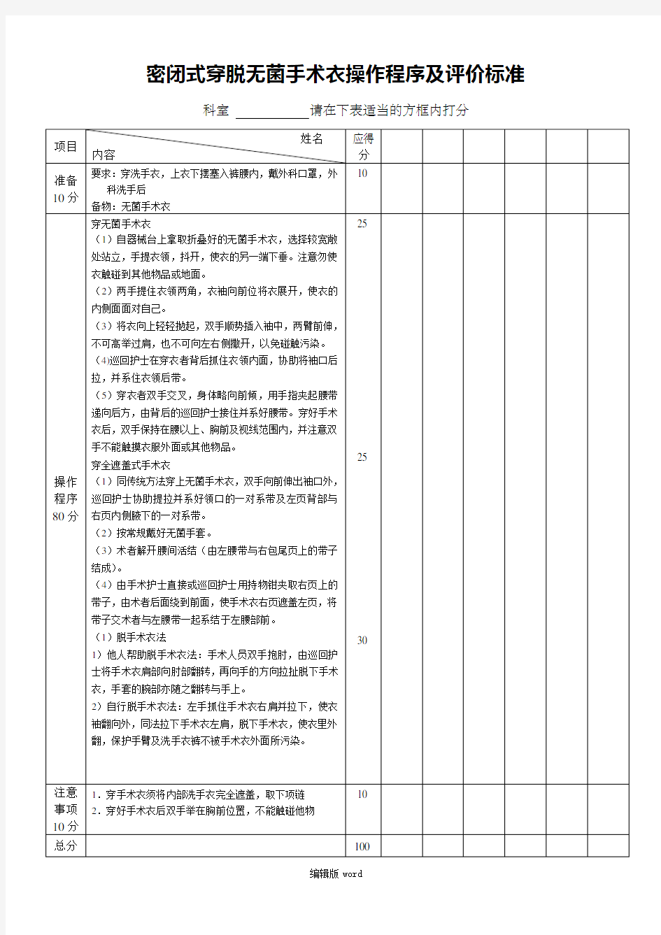 穿脱手术衣操作程序及评价标准