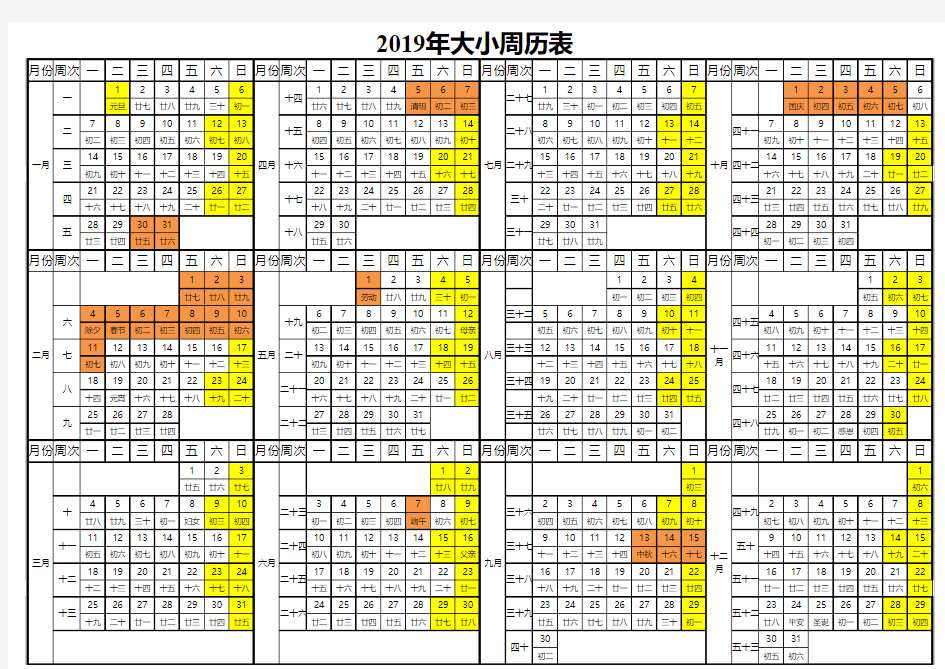 2019周历表(带农历、大小周和节假日)