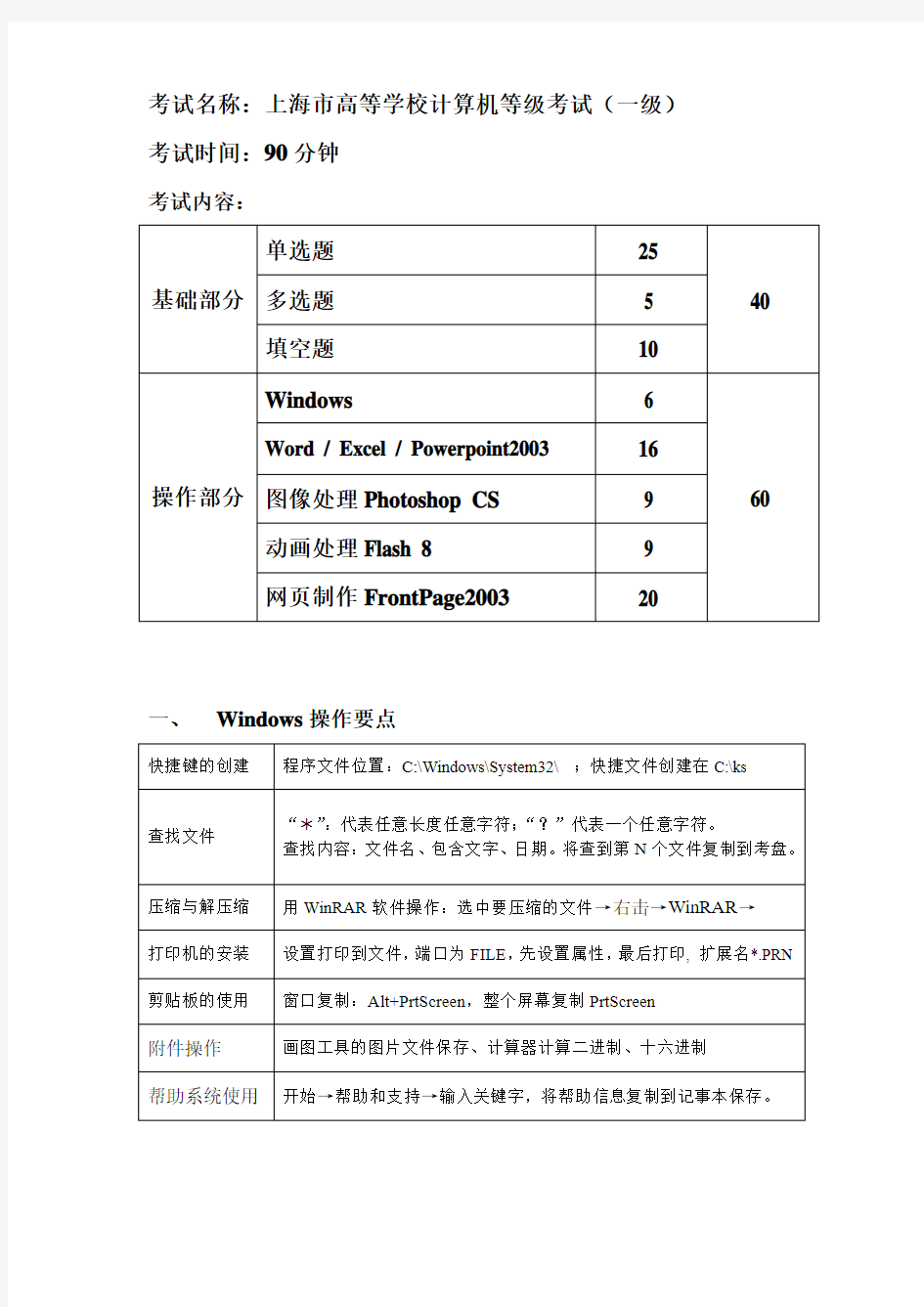 计算机一级考操作题知识点归纳