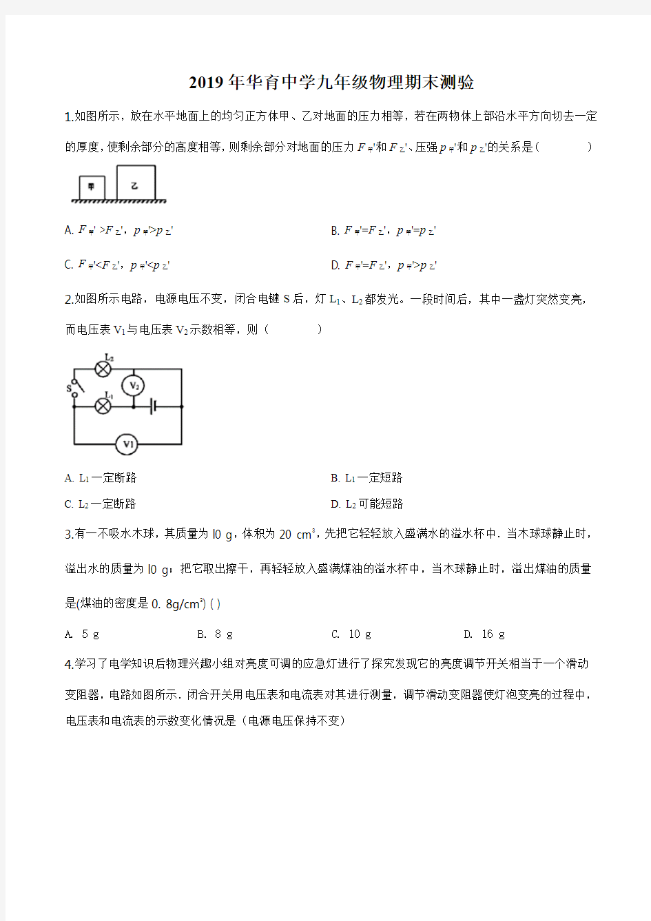 上海市华育中学2019-2020学年九年级(上)期末测验物理试题