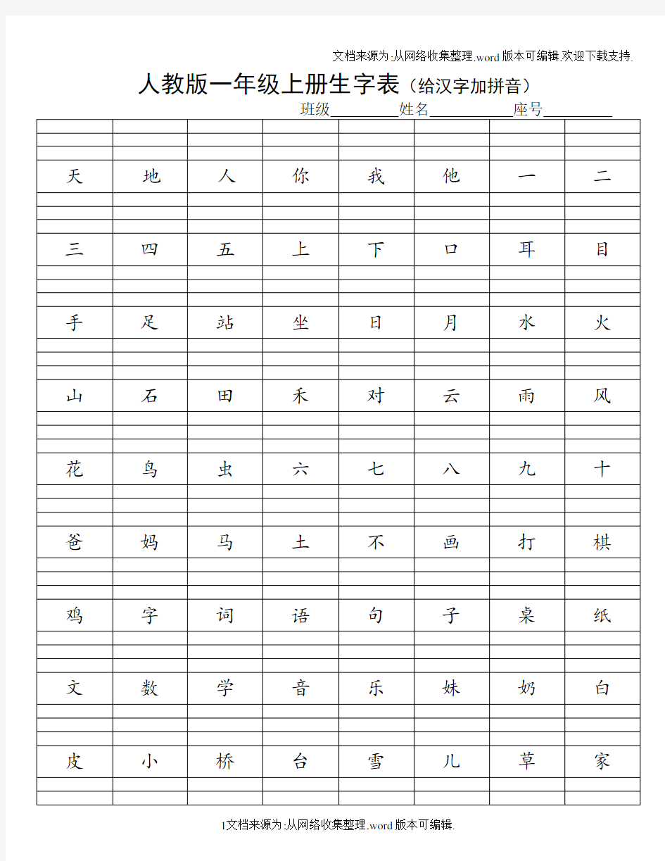 人教版一年级上册生字表给汉字加拼音(供参考)