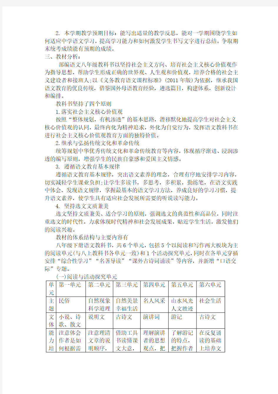 (完整)部编新版八年级下册语文教学计划