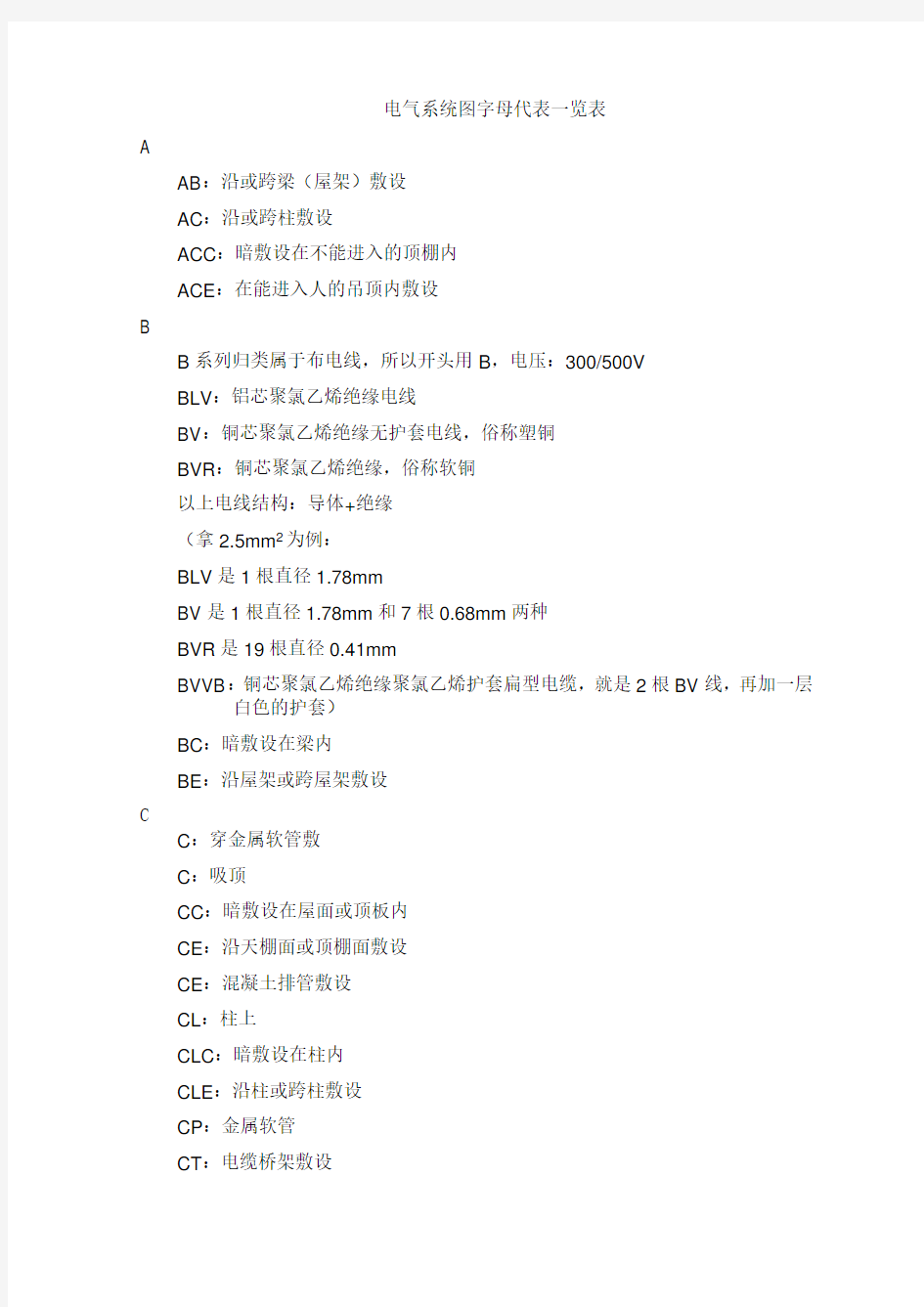 电气系统图字母代表一览表