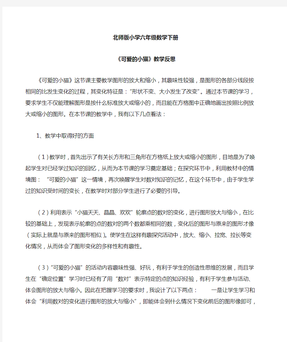 数学北师大版六年级下册可爱的小猫教学反思