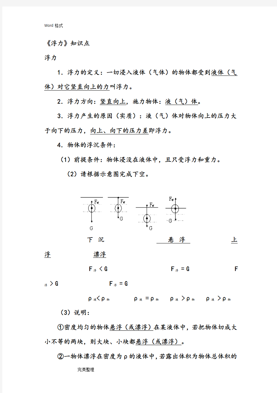 初中物理浮力知识点汇总