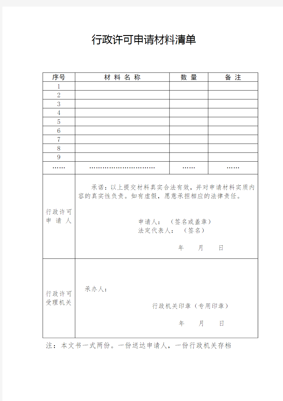 行政许可申请材料清单