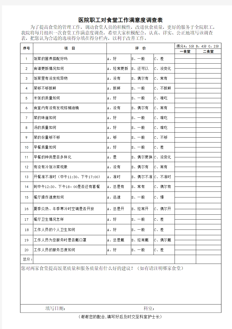 医院职工对食堂满意度调查表