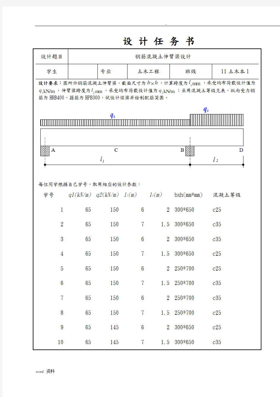 钢筋混凝土伸臂梁设计—课程设计报告