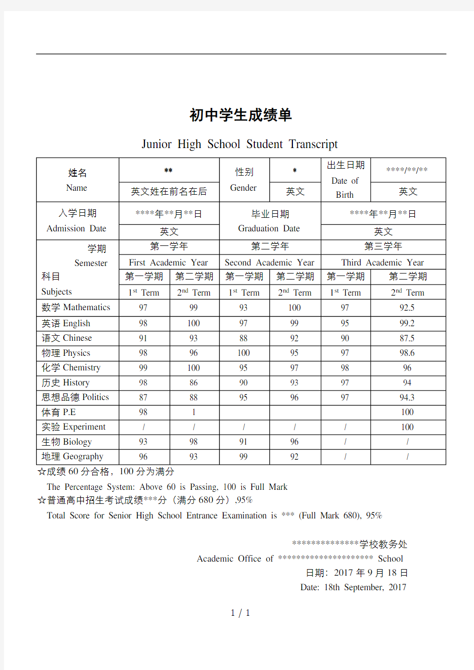 初中成绩单中英文通用模板(唯美型)