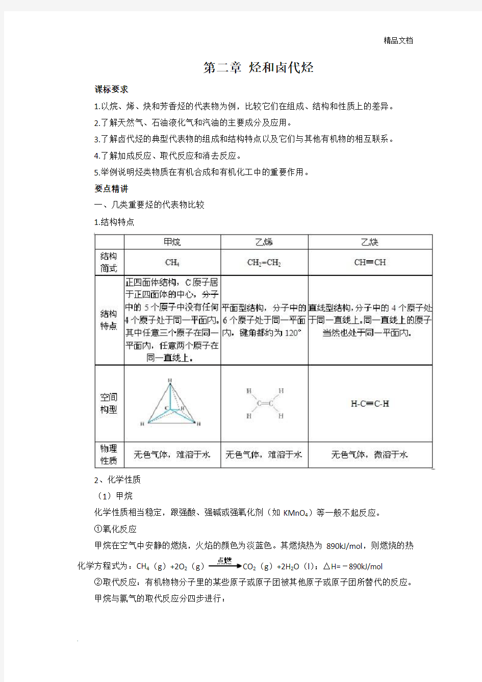 人教版高中化学选修5知识点总结：第二章烃和卤代烃