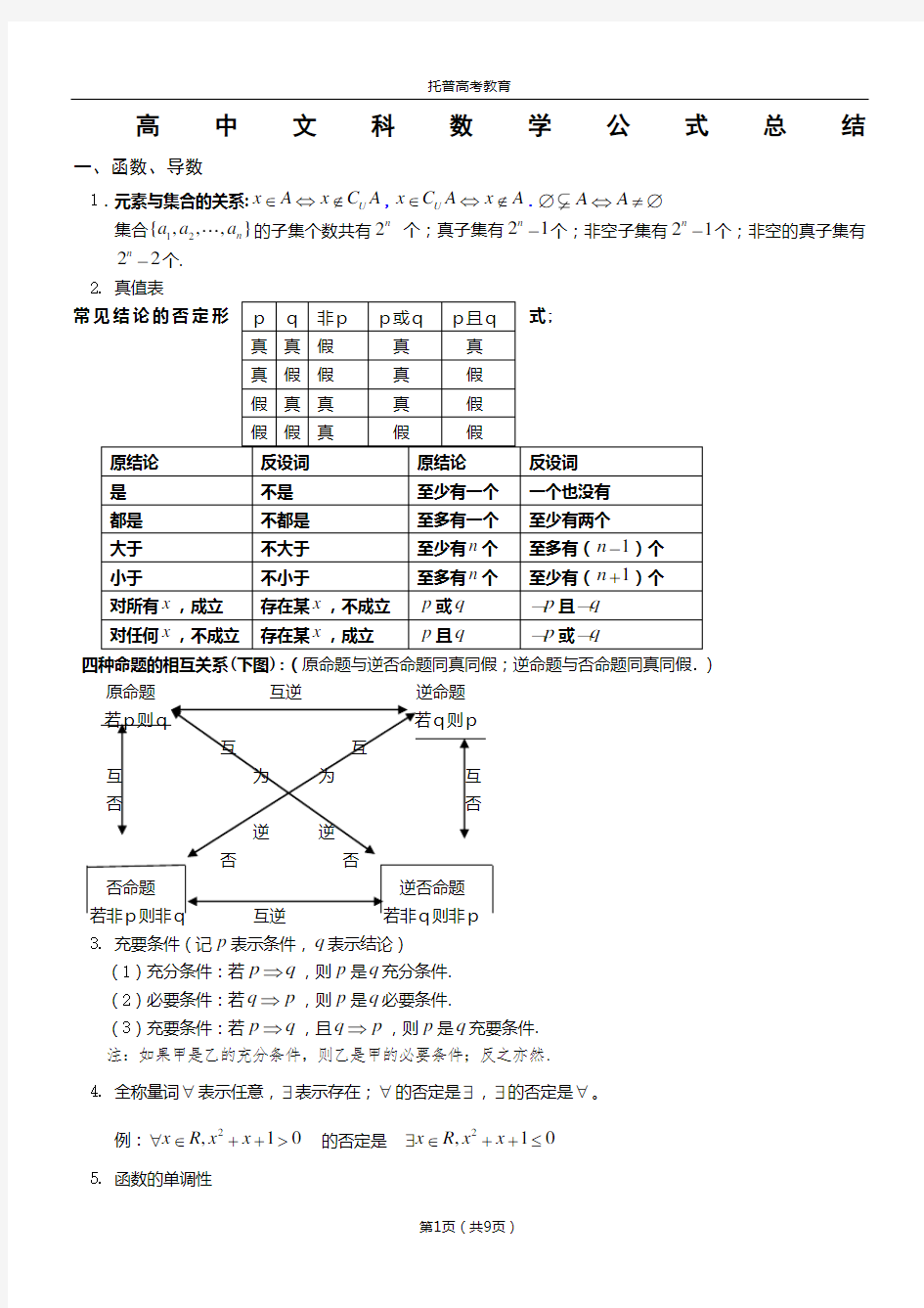 文科高中数学公式大全(超全完美)