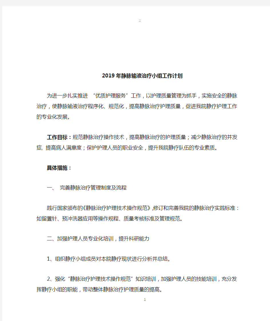 2019年静脉输液治疗小组工作计划