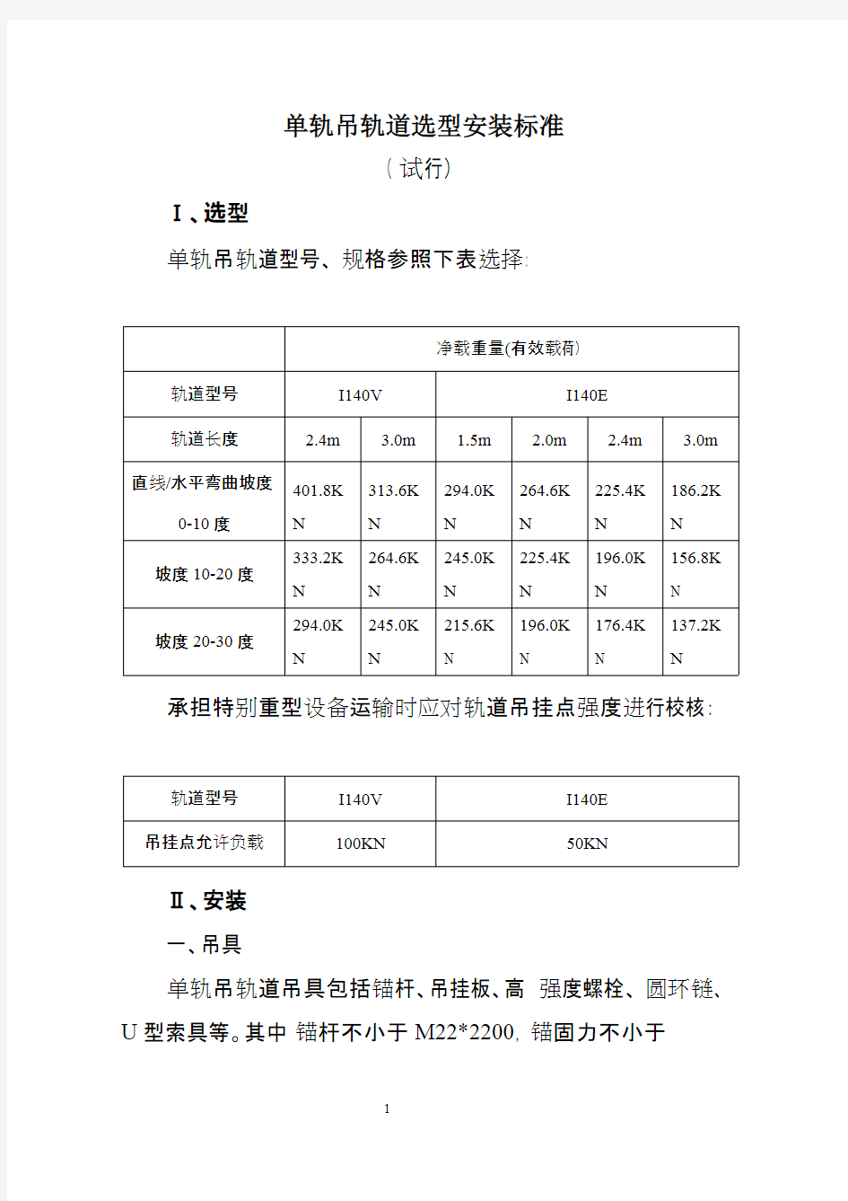 单轨吊轨道选型安装标准