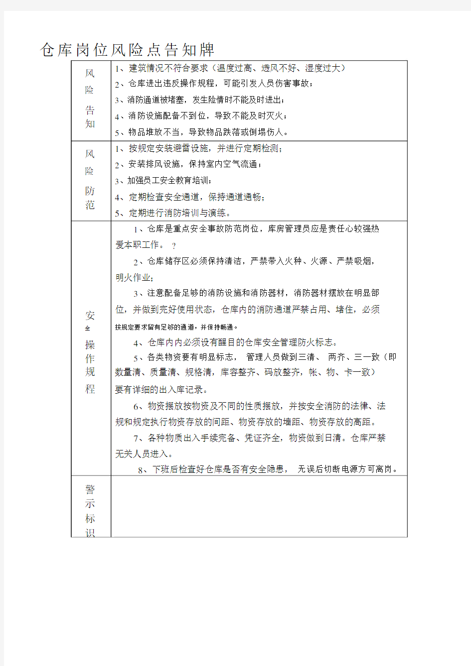 仓库的岗位风险点告知牌.docx