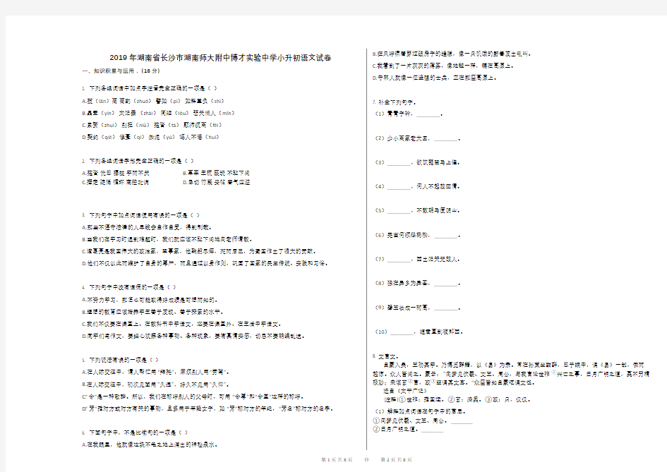 2019年湖南省长沙市湖南师大附中博才实验中学小升初语文试卷