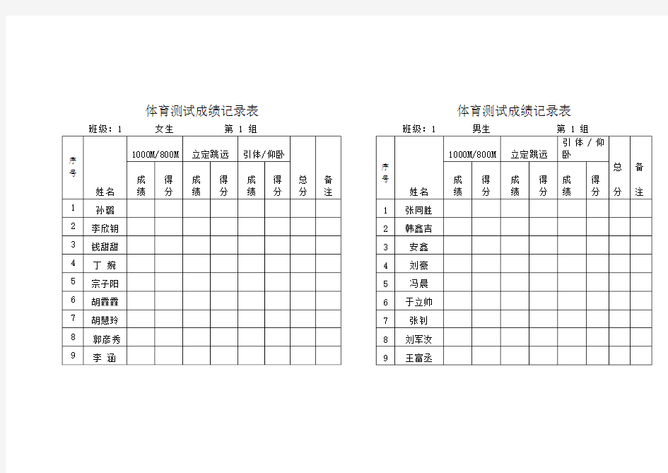 体育测试成绩记录表