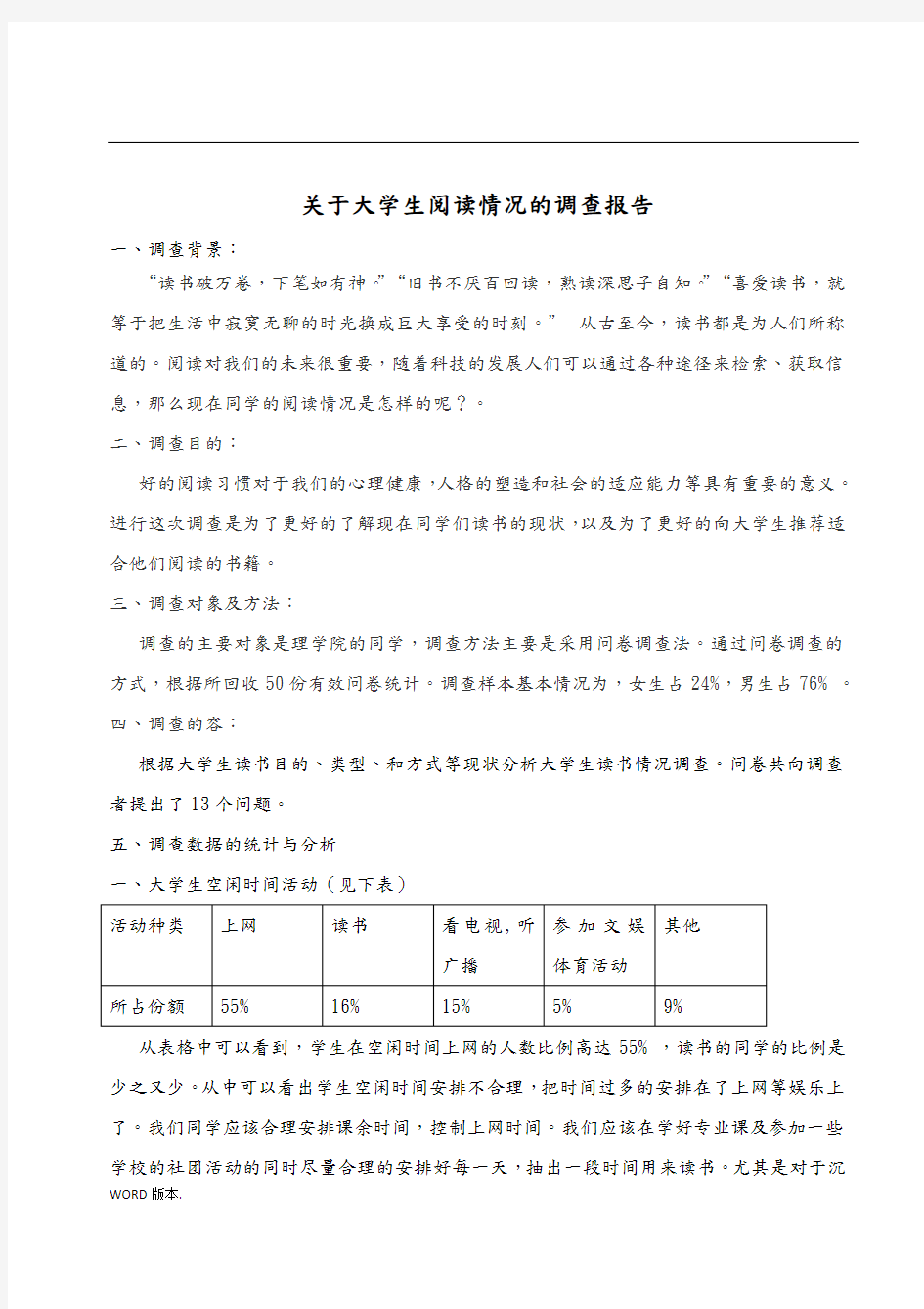 关于大学生阅读情况的调查报告和问卷