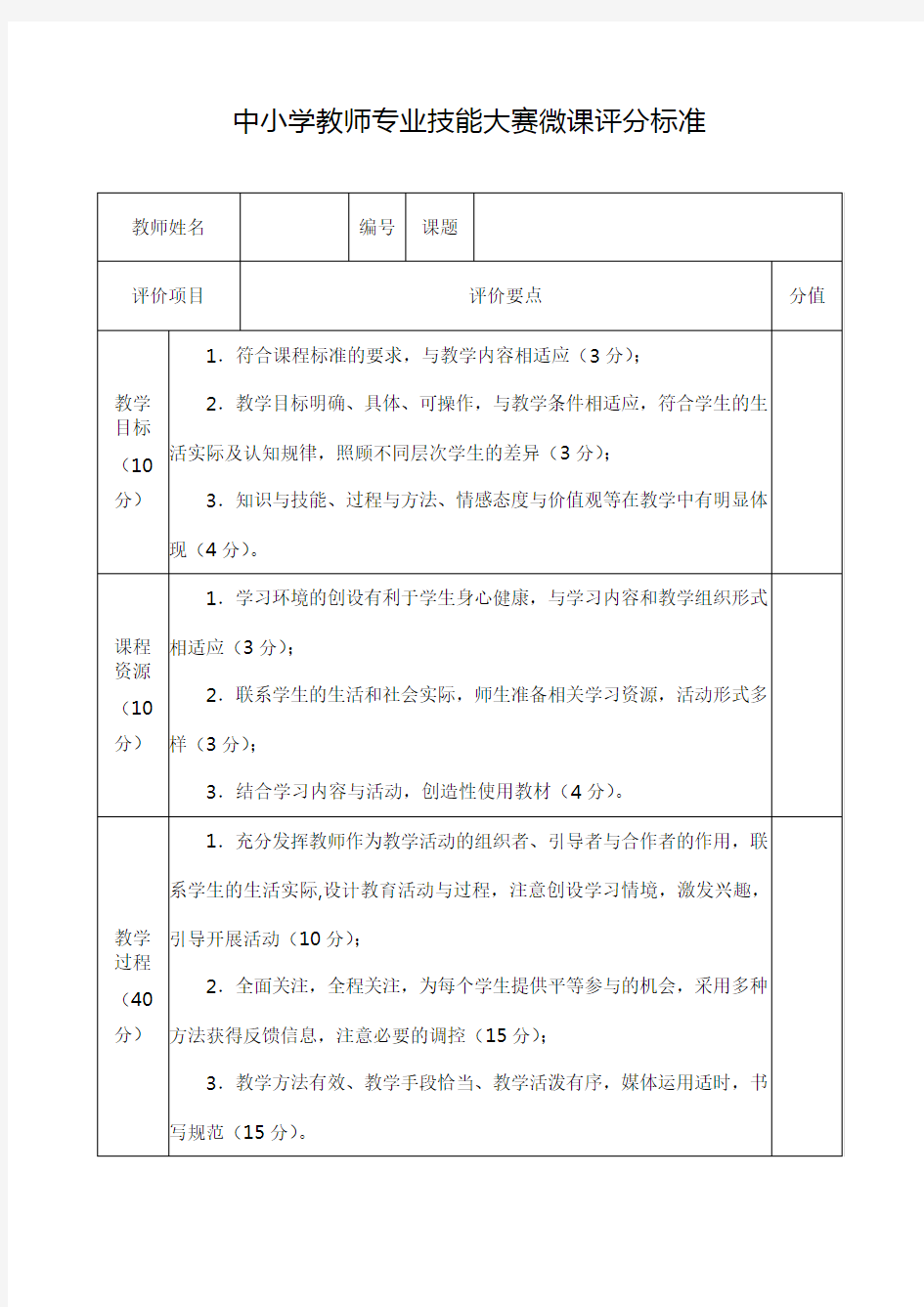 中小学教师技能大赛导学案、微课、说课评分标准