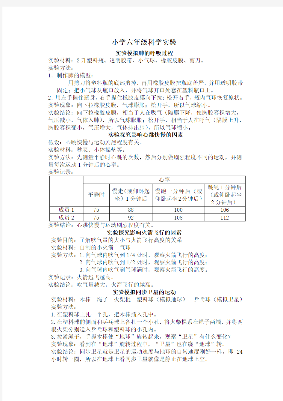 小学六年级下册科学实验