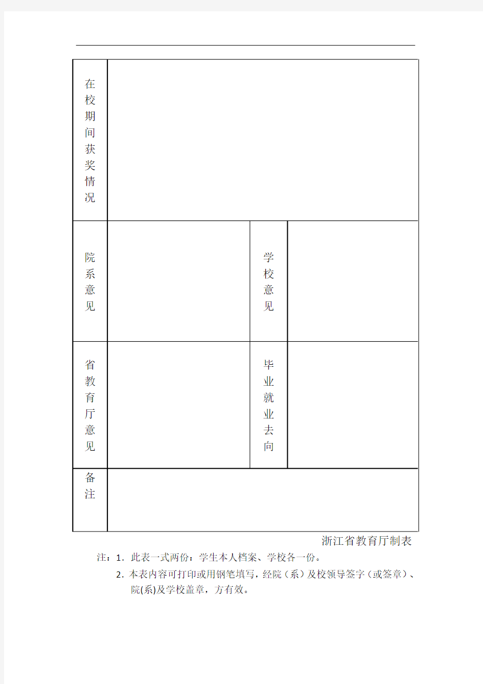 浙江省优秀毕业生登记表