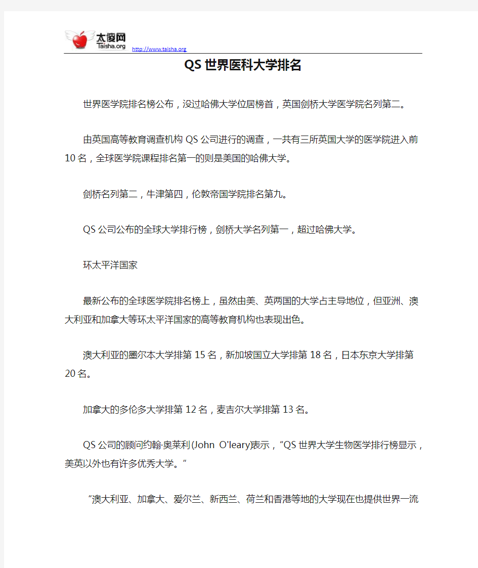 QS世界医科大学排名