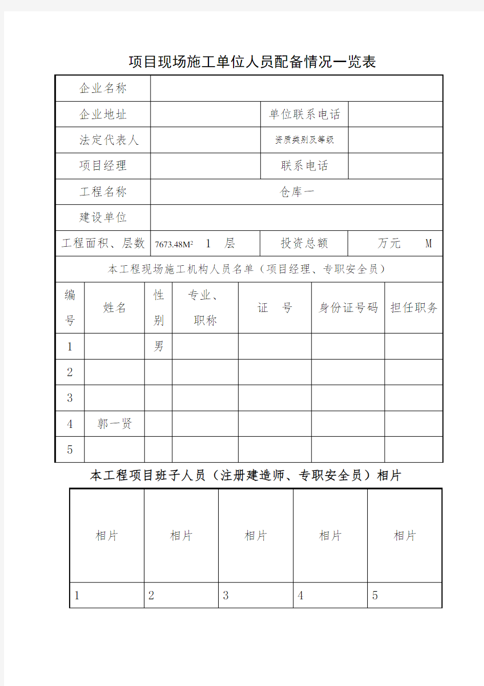 项目现场施工单位人员配备情况一览表