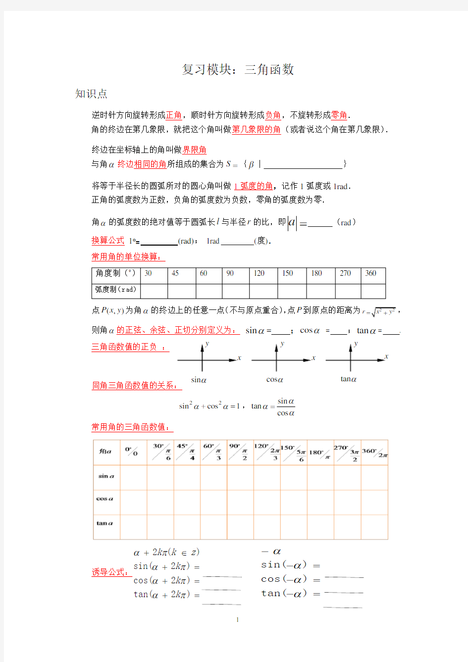 中职数学三角函数复习