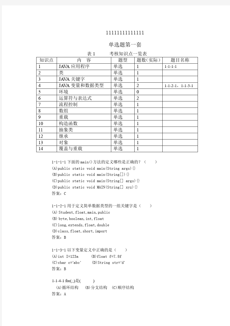 java选择题库