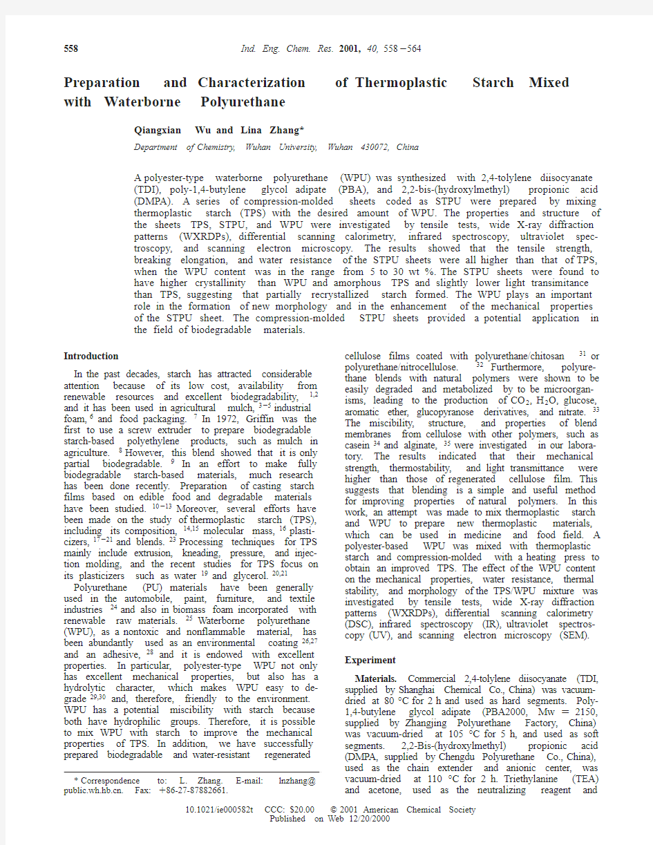 Preparation and Characterization of Thermoplastic Starch Mixed with Waterborne Polyurethane