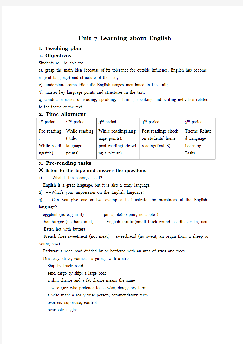 Unit 7 Learning about English Teaching plan全新版大学英语二