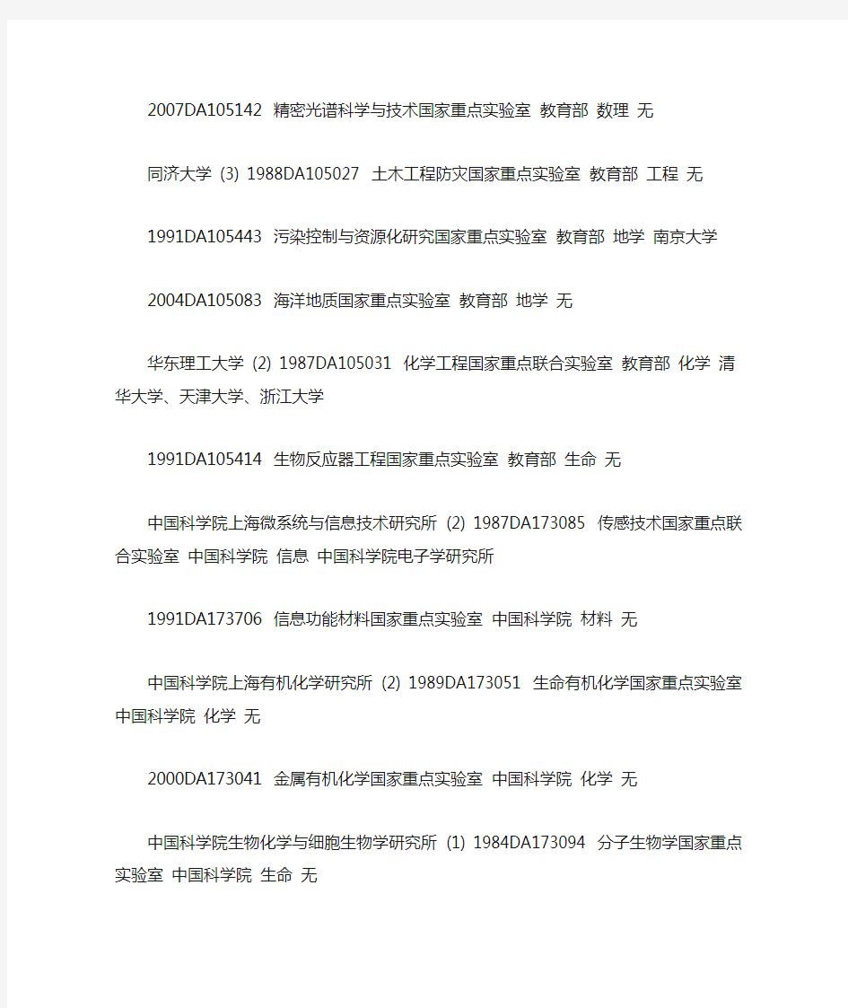 上海国家重点实验室名单