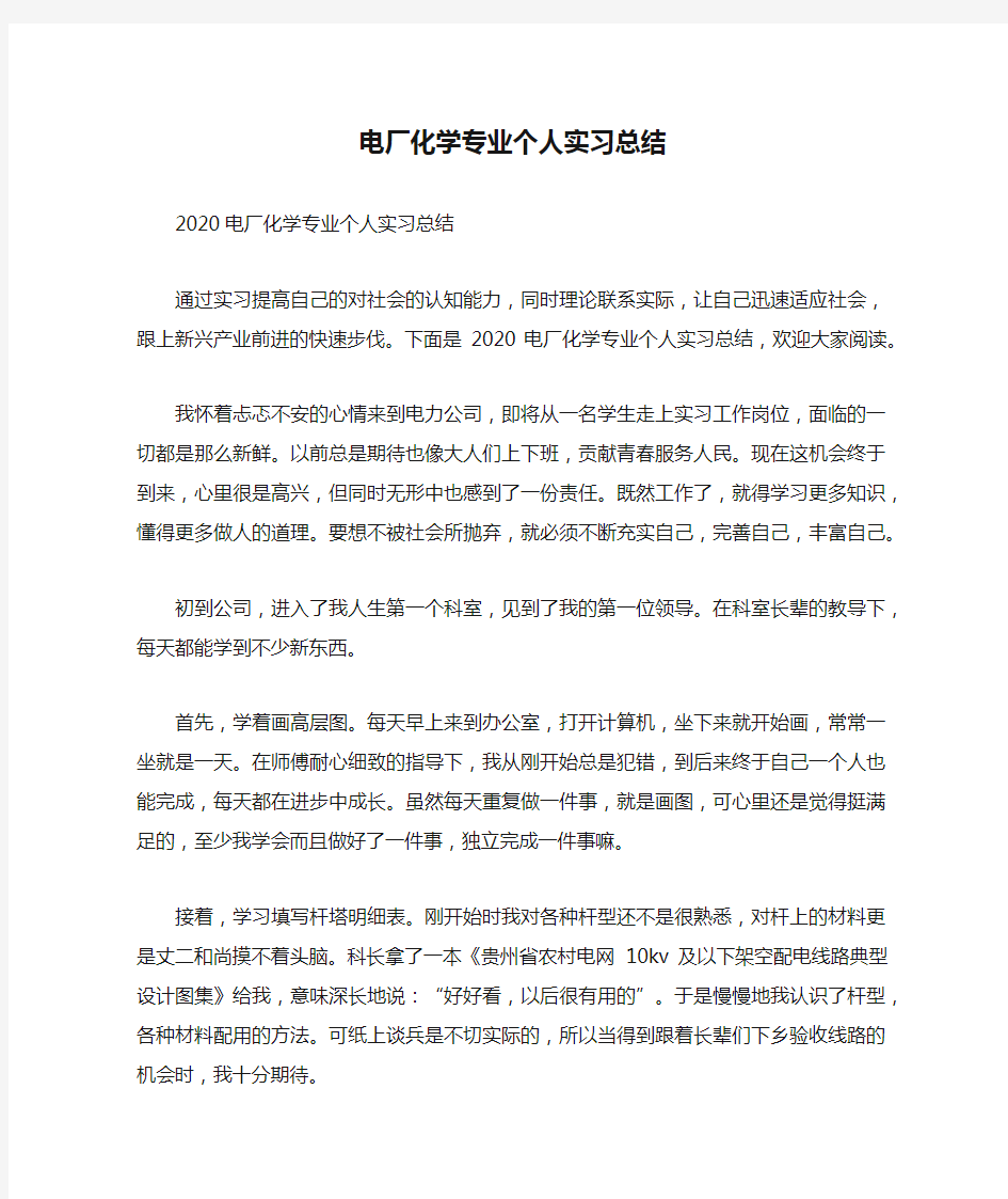 电厂化学专业个人实习总结