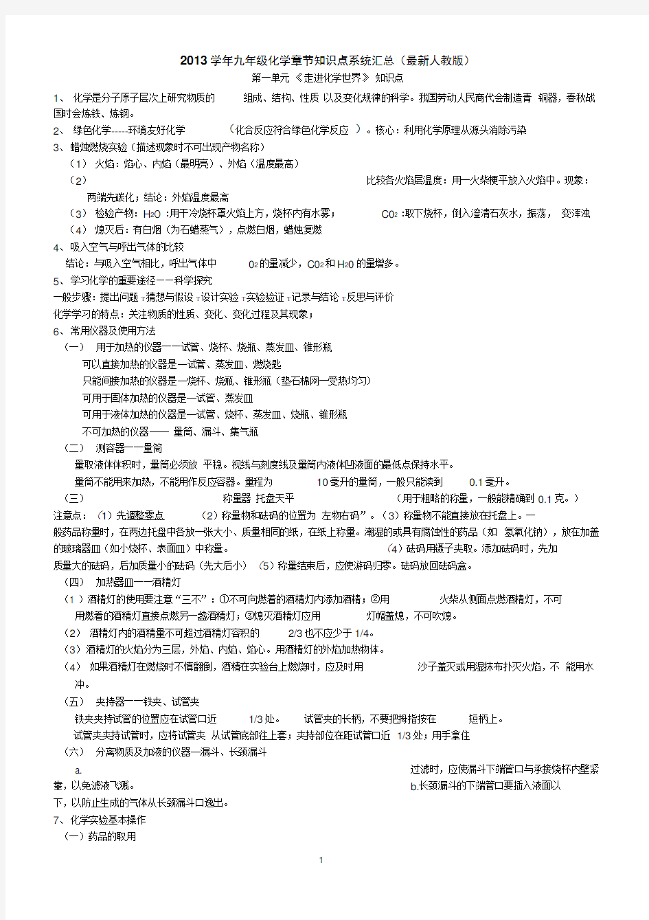 2017年最新人教版九年级化学知识点