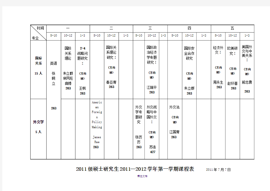 研究生2011-2012学年第一学期课程表(定稿)