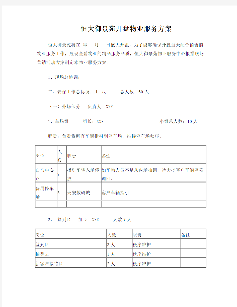 恒大御景开盘物业服务方案