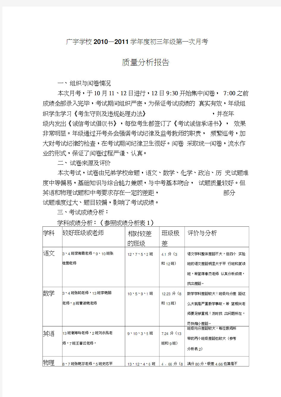 第一次月考质量分析报告