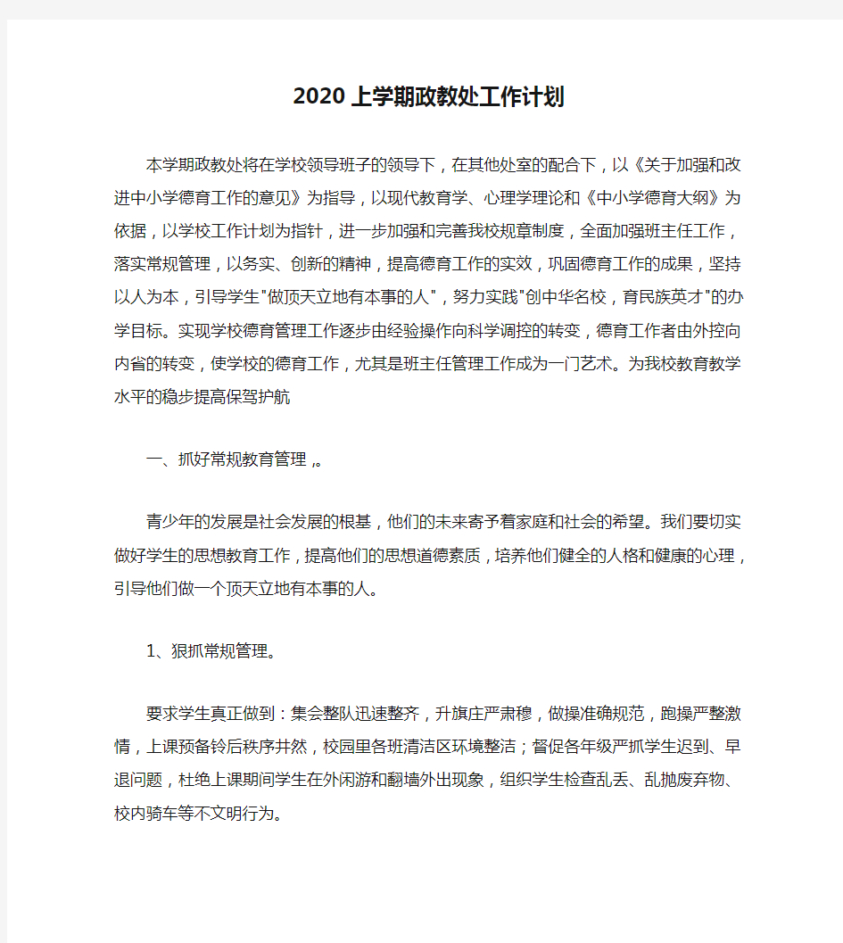 2020上学期政教处工作计划