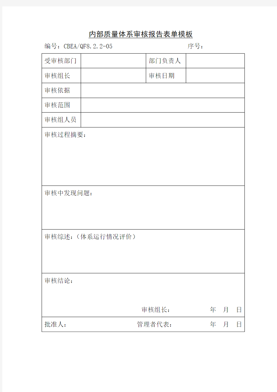 内部质量体系审核报告表单模板